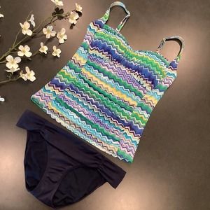 La Blanca Wavy Stripe Tankini and Athleta Bikini Bottoms Navy Blue Ruched